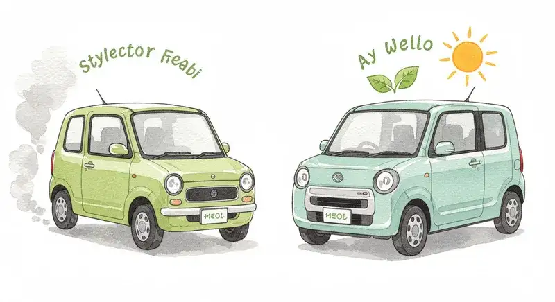 古い軽自動車と新しい電気自動車の2台が描かれたイラスト。