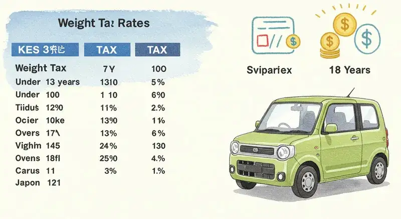 重量税率を比較する表と軽自動車 が描かれた水彩画風イラスト。