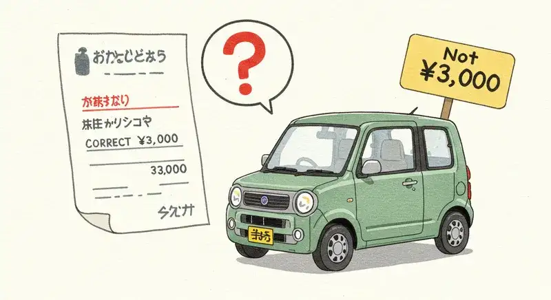 3000円ではないという立て札と軽自動車が描かれたイラスト