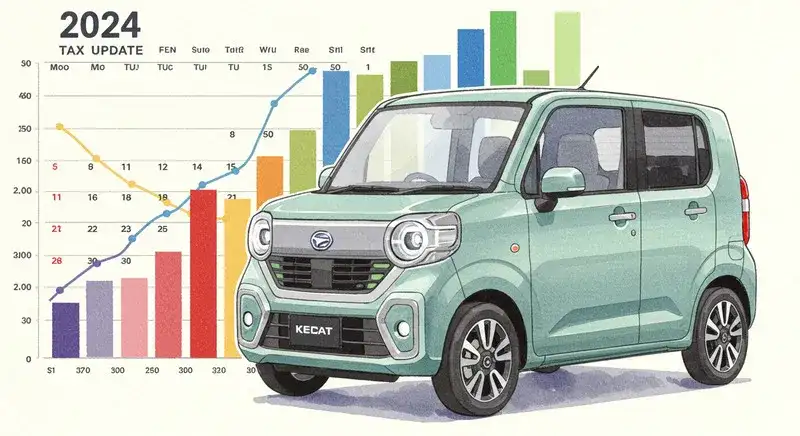 未来的な軽自動車と「2024」と「Tax Update」と記されたカレンダーが描かれたイラスト。