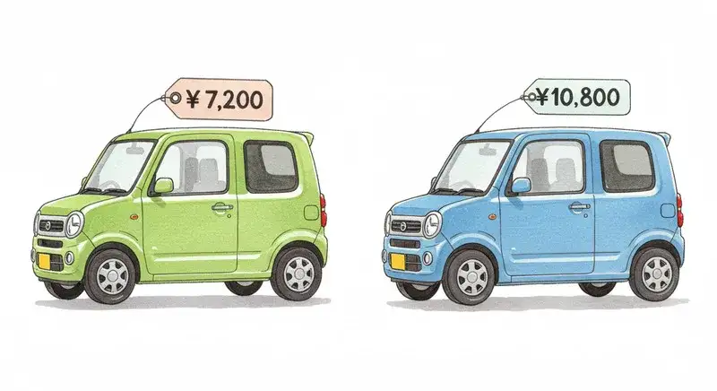 7200円10,800円というラベルが貼られた2台の軽自動車のイラスト