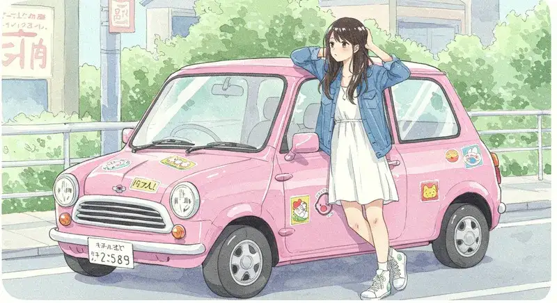 軽自動車と女性のイラスト