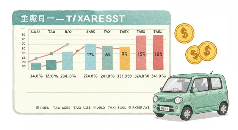 車齢ごとの税額を示す表が描かれたイラスト。軽自動車とコインも描かれている
