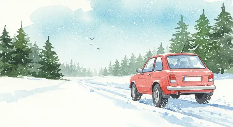 雪道をスタッドレスタイヤで走っている車のイメージ画像