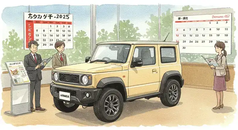 カレンダーが背景に描かれた、自動車販売店に駐車されたジムニーシエラ