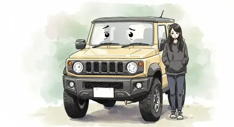 悲しい顔をしたジムニーシエラの水彩画イラスト。人が車の隣に立っており、がっかりした様子