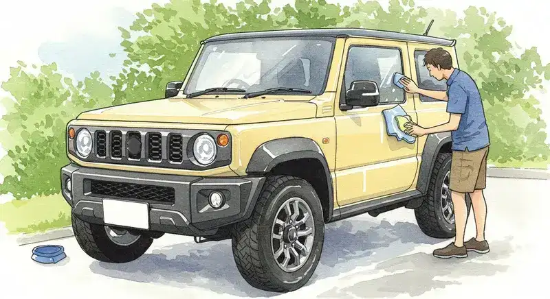 洗車・ワックスがけされているジムニーシエラの水彩画イラスト