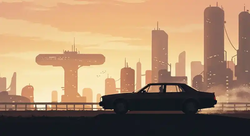 朝焼けの都市を走るBMW風の車