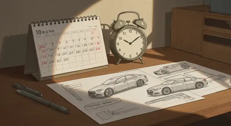 発売時期示すカレンダーと車の設計図