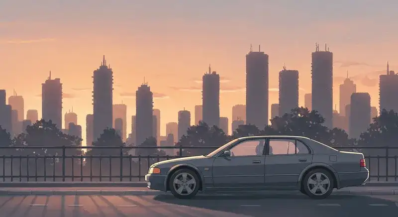 朝焼けの都市にたたずむ未来型BMW風