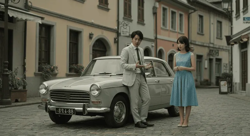 プジョー車と悩む男女