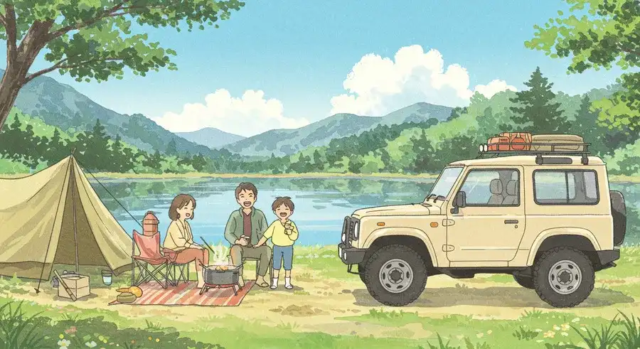 湖のほとりでキャンプを楽しむ日本人家族