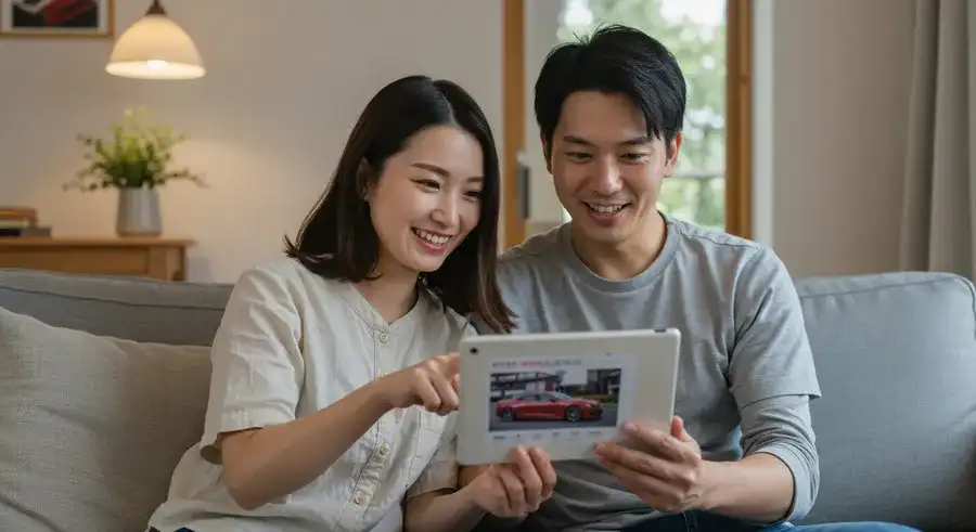 タブレットでお得な中古アルファードを探す夫婦